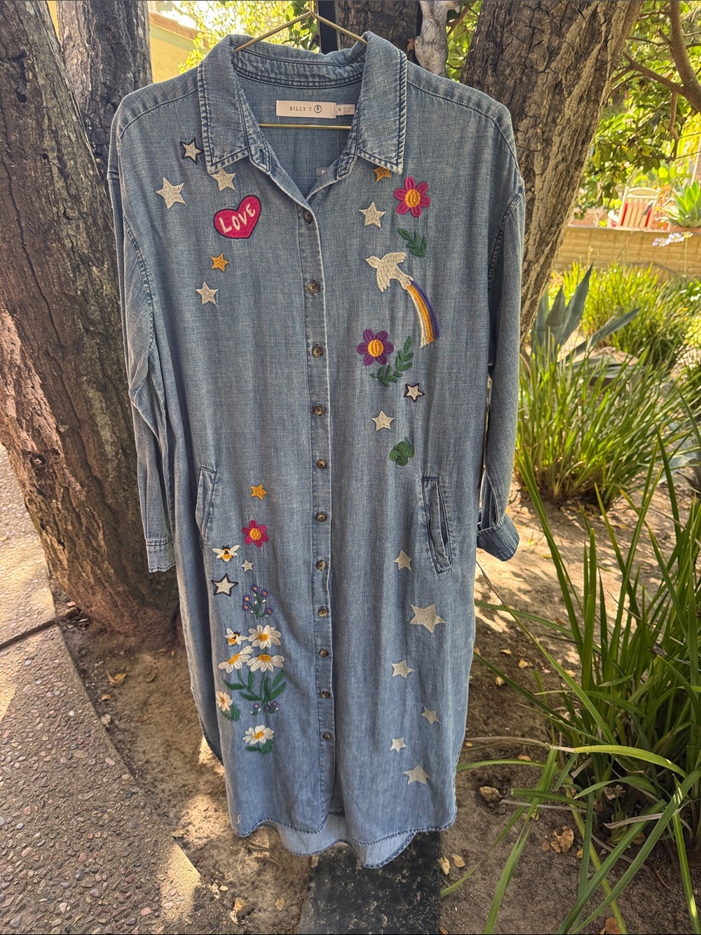 Billy T Denim Shirt Dress with Embroidered Floral & Patch Details, Light Blue